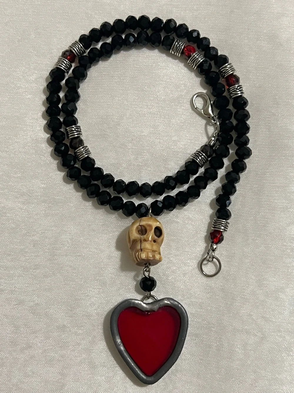 Handcrafted Black Crystal Bead Necklace with Red Steampunk Heart Pendant & Skull